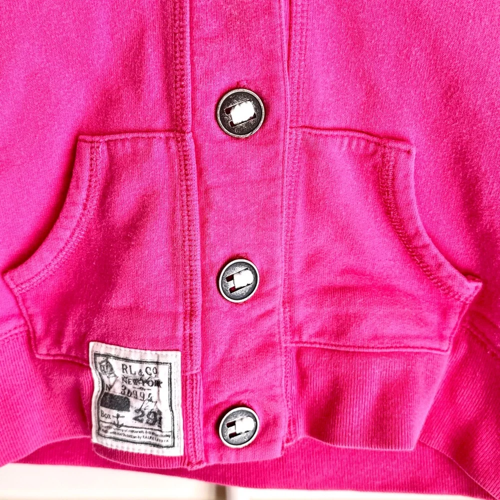 Ralph‎ Lauren Girls Pink Button Front Hoodie Size 5 Cotton Preppy Sweatshirt